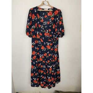 ASOS Women Dress 18 Dark Floral Cottage Peasant Puff Sleeve Maxi Wrap Curve Blue